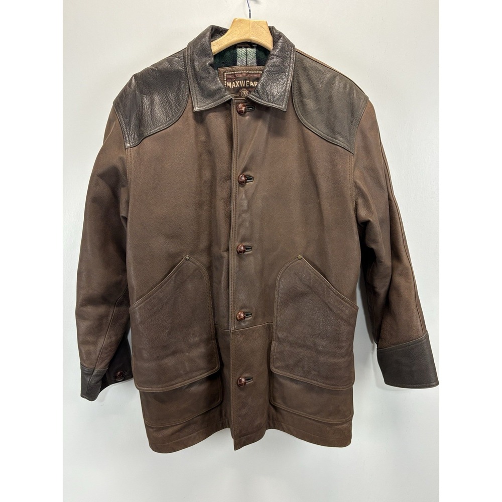 Vtg Max wear Leather Barn Coat Mens M Brown Flannel Lined HEAVY contrast Collar